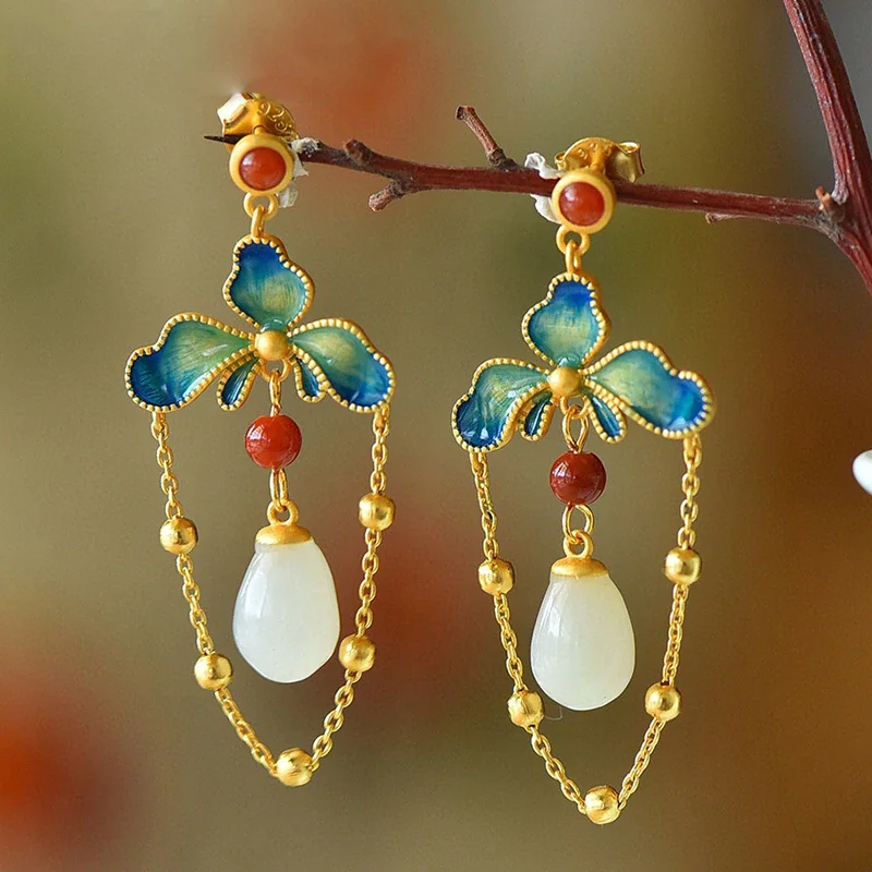 New style chain enamel porcelain flower earrings for women Chinese feng shui drop hetian jade silver ear studs fine jewelry