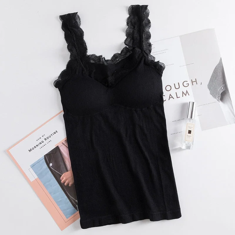 Ladies Slim Vest Top Women Clothes Breathable Knitted Tank Top Classic Undershirt Round Neck Lace Straps Black Shirt