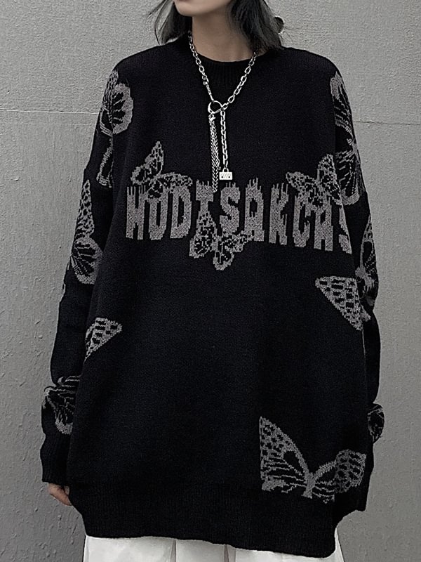 Gothic Dark Vintage Letter& Butterfly Intarsia Crew Collar Long Sleeve Oversize Sweater