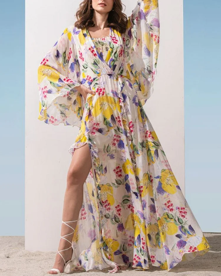 Chiffon Yellow Printed Long Dress