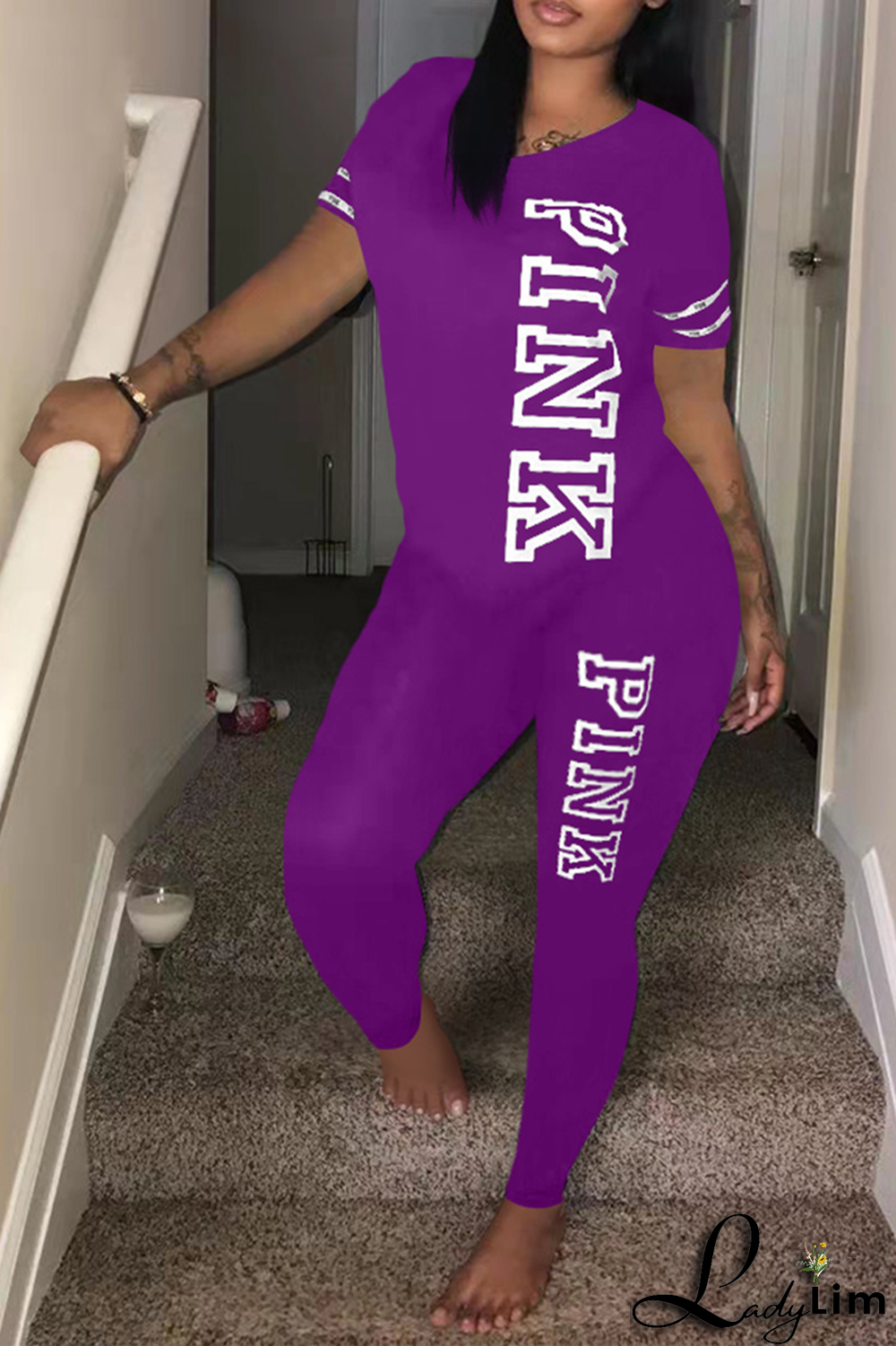 Light Purple Casual Patchwork Letter O Neck Short Sleeve Two Pieces