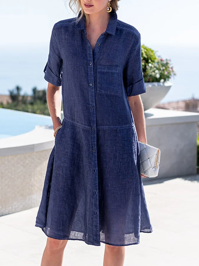 Simple All-match Cotton Linen Shirt Dress