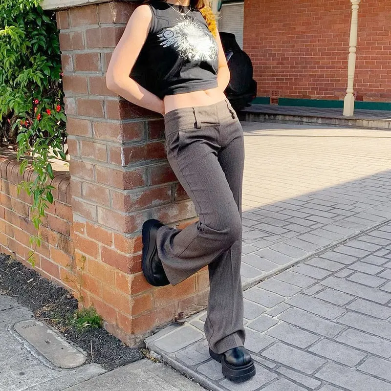 HEYounGIRL Elegant Vintage Suit Pants Women Casual Low Waisted Long Trousers Ladies Pocket Skinny Sweatpants 90s Streetwear