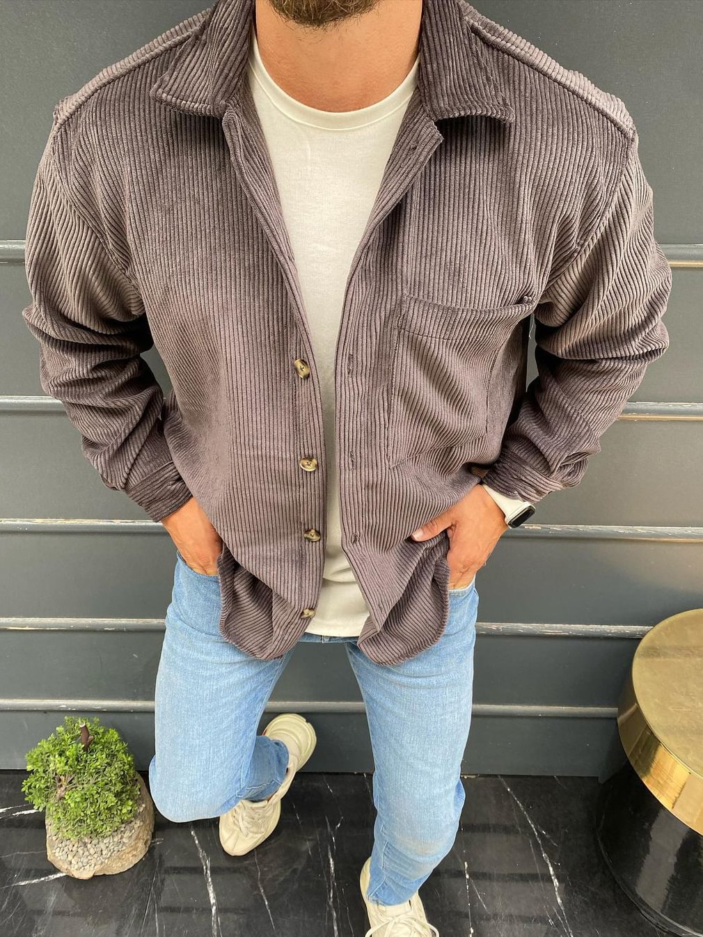 Corduroy Gray Pockets Long Sleeve Jacket