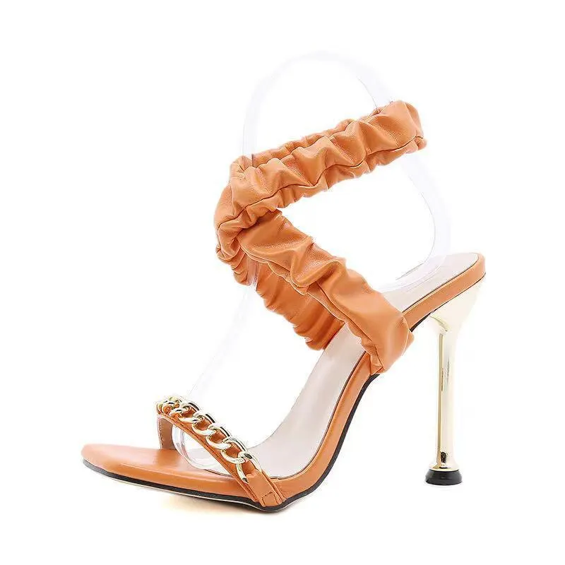 Women Slippers Sandals Chain Ladies High Heels Square Toe PU Shoes Summer Pumps Woman Plus Size Footwear Fashion New Shoe