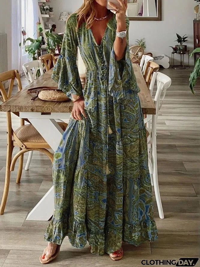 Women Fashion Casual Bohemian Tiny Flower Print V-Neck Horn Sleeve Maxi Dress