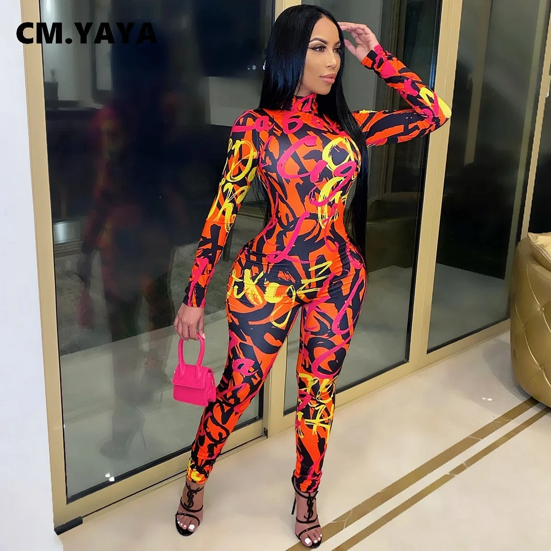 CM.YAYA Active Tie Dye Letter Print Turtleneck Bodycon Jumpsuit for Women Sexy Club One Piece Overall Bodycon Rompers Outfits