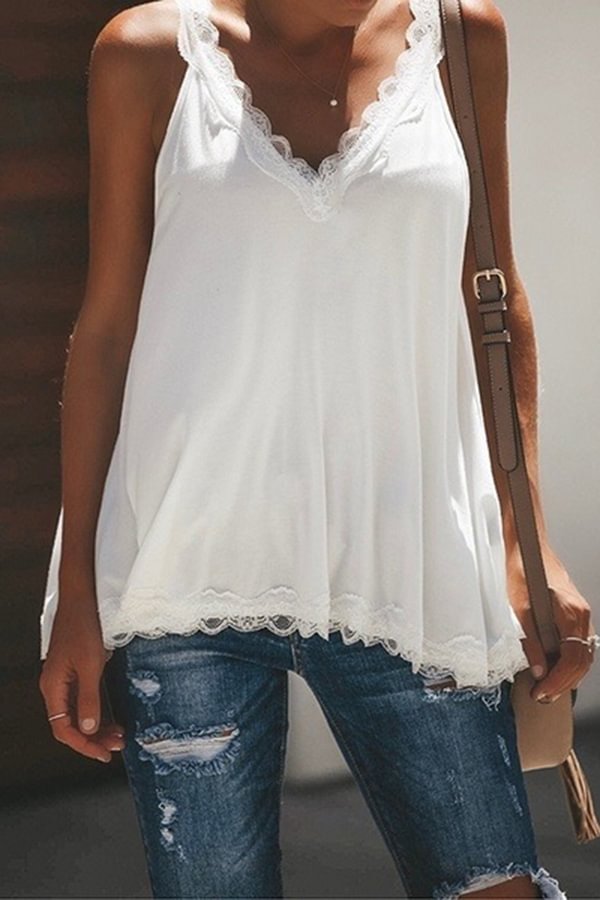Fashion Solid Color Lace Stitching V Neck Camisole
