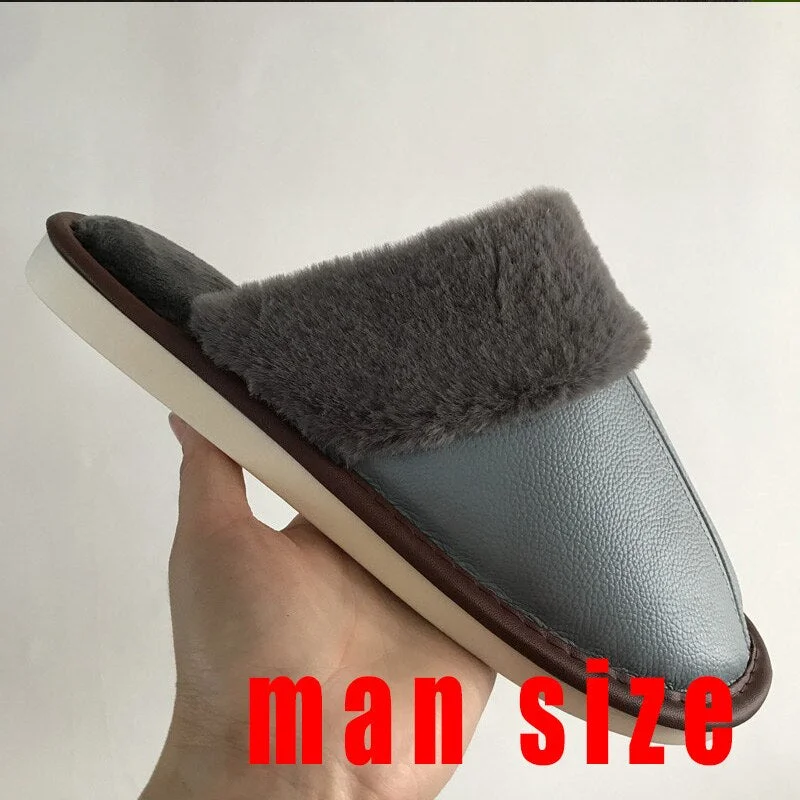 Men's Slippers Winter Genuine Leather Slippers for Men Warm Plush Slippers Large Size 45-46 Home Slippers Comfy House Shoes