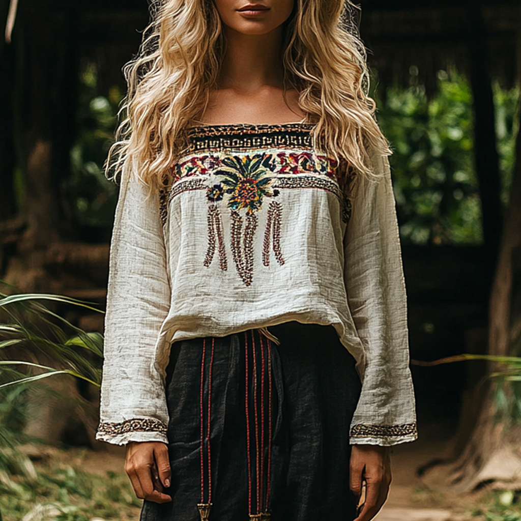 Women's Bohemian Vacation Retro Embroidered Printed Casual Long Sleeve Top