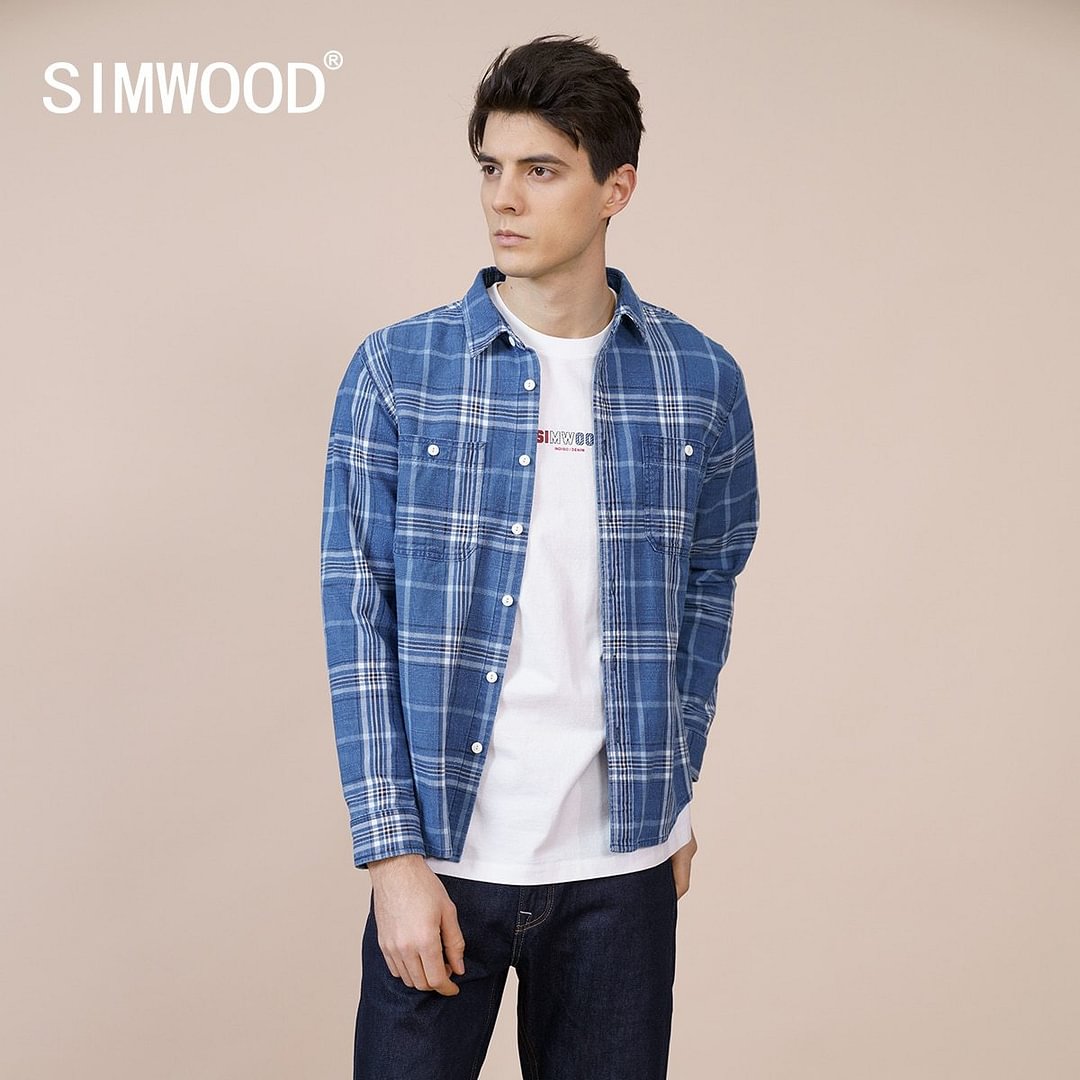 SIMWOOD 2021 Autumn New Indigo Plaid Shirts Men 100% Cotton Denim Check Shirt Plus Size Brand Clothing SK130060