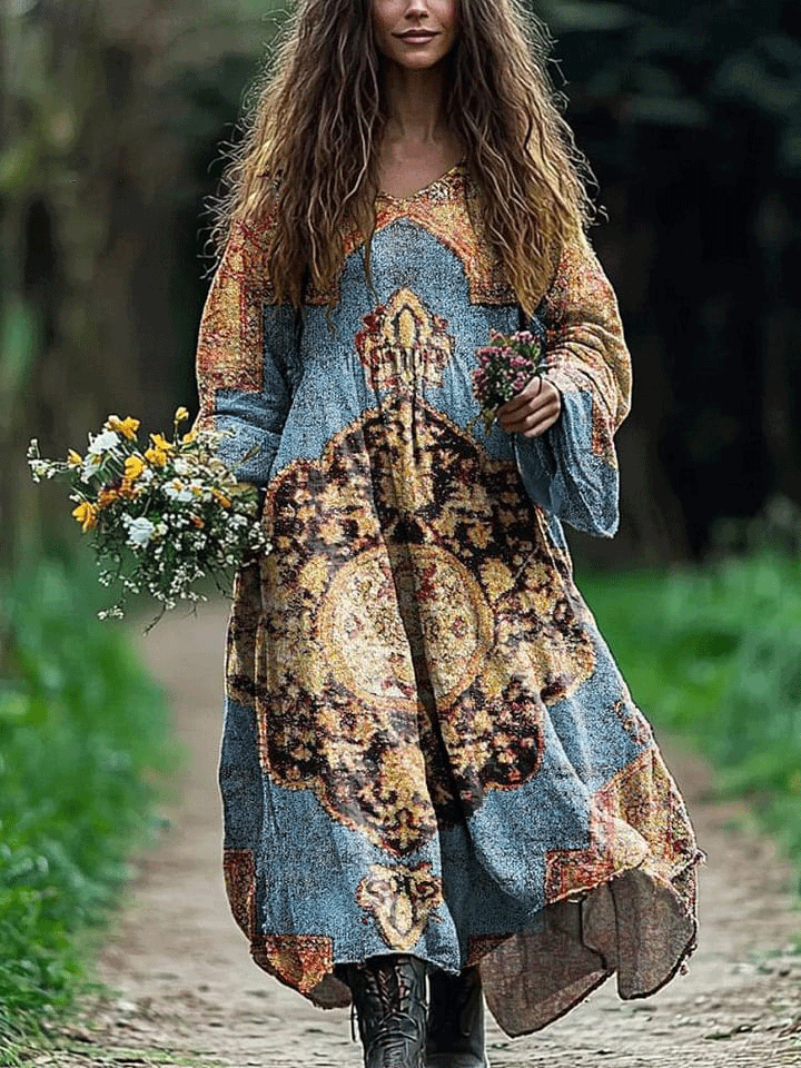 Women's Vintage Lovely Floral Art Print Pocket Cotton Dress