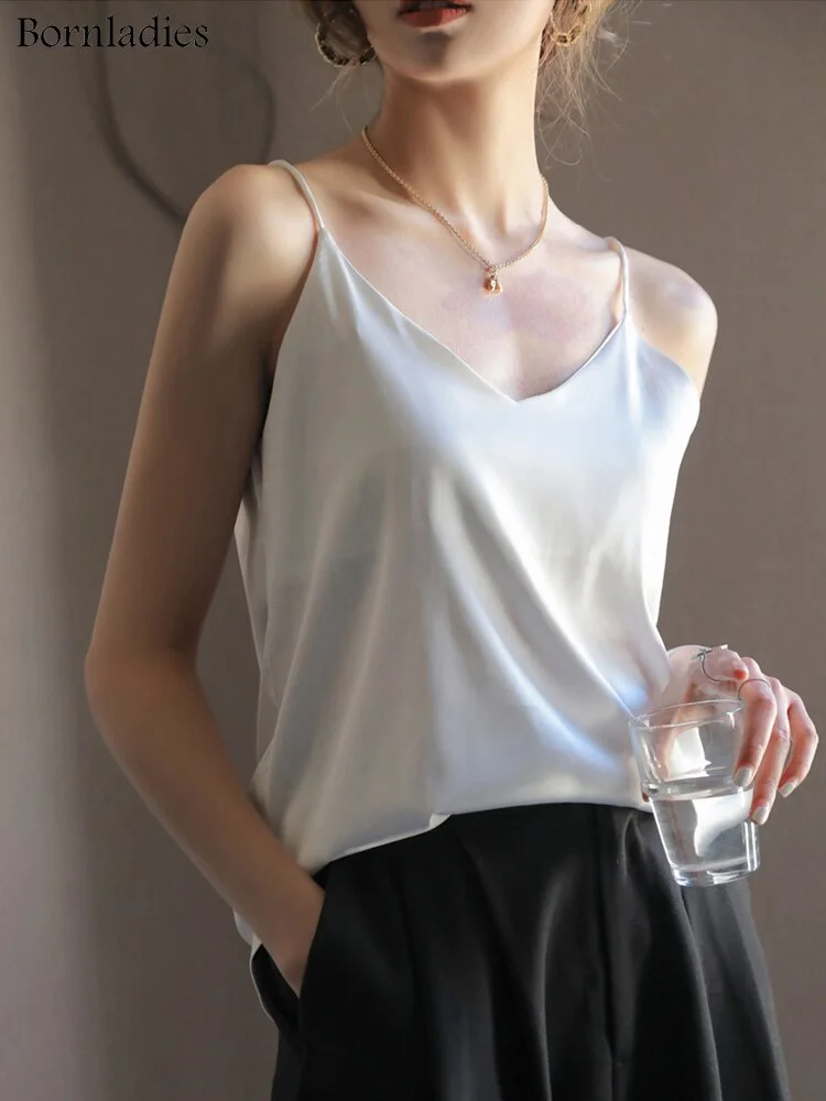 Bornladies 2022 Summer Fashion Silk Vest Tanks Women Basic Satin Sling Tops Versatile Solid Loose Sling Camis Female Tank Top