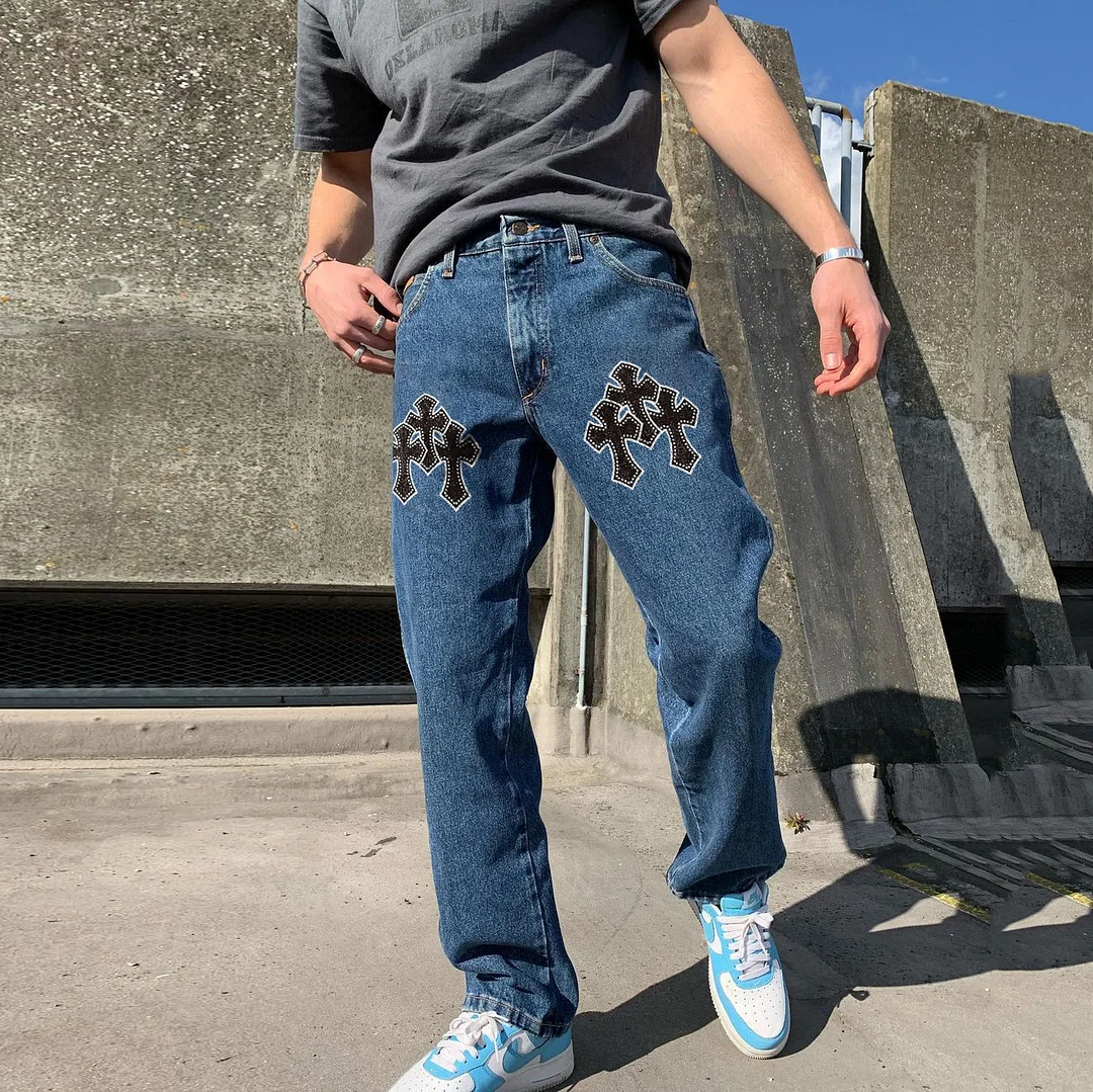 Casual fashion cross print straight-leg jeans