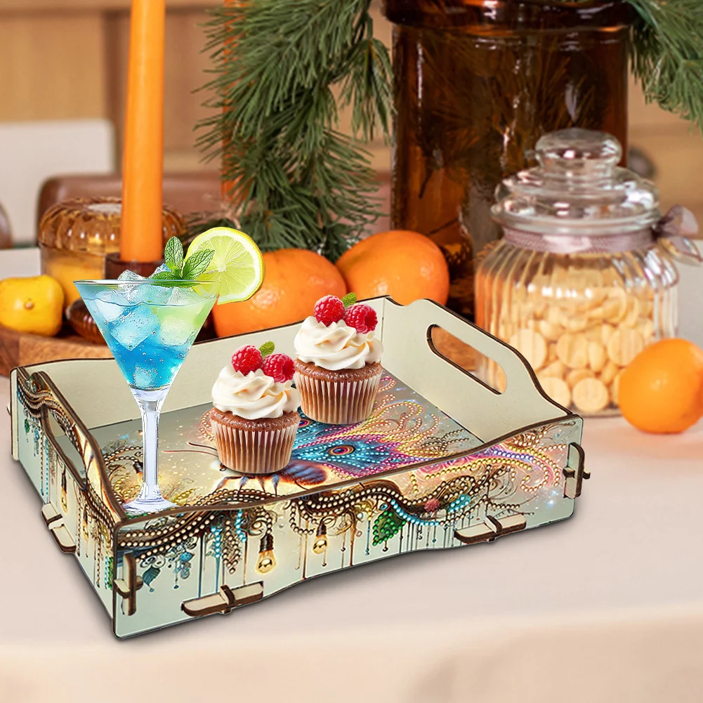 5D DIY Insect Diamond Painting Wooden Serving Tray with Handle for Coffee Table
