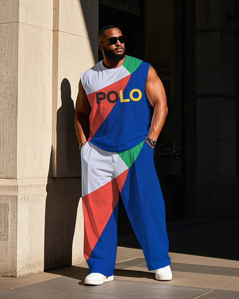 Big Guy's Fashion Blue Color Block Polo Letter Printed Casual Sporty Vest and Pants Set