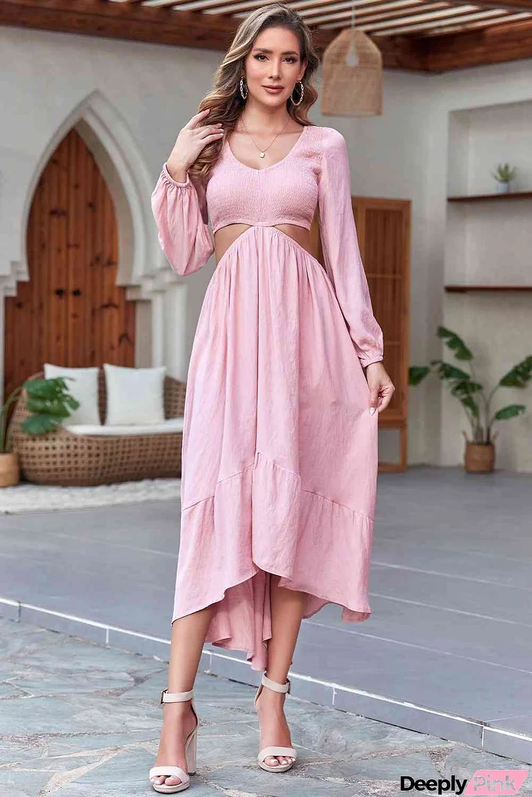 Smocked Cutout High-Low V-Neck Dress