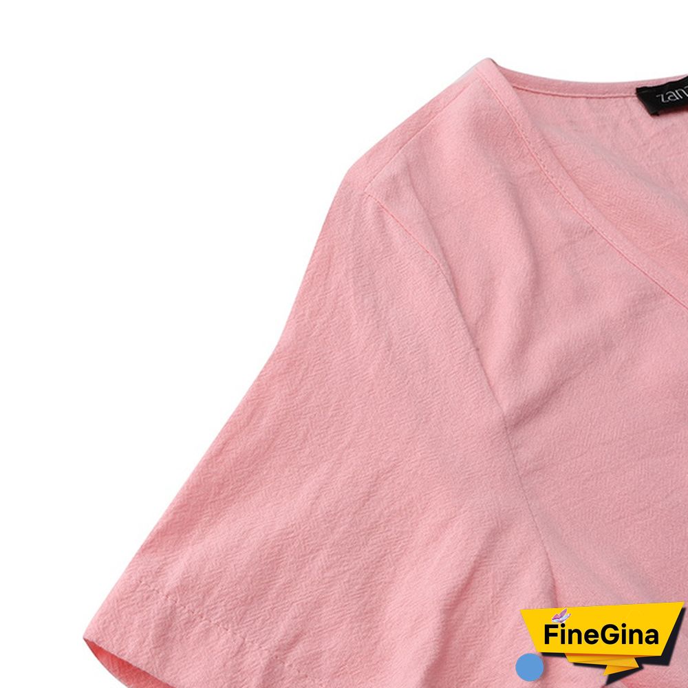 Women V Neck Short Sleeve Dress With Pockets Dress Summer Dress Loose Mid-calf Dress