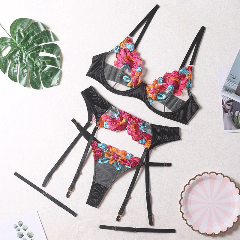 Billionm 3 Piece Lace Bra Set Women Floral Embroidery Bra +panty Underwear Set Ladies Sexy Lingreie Set Women Underwear Set