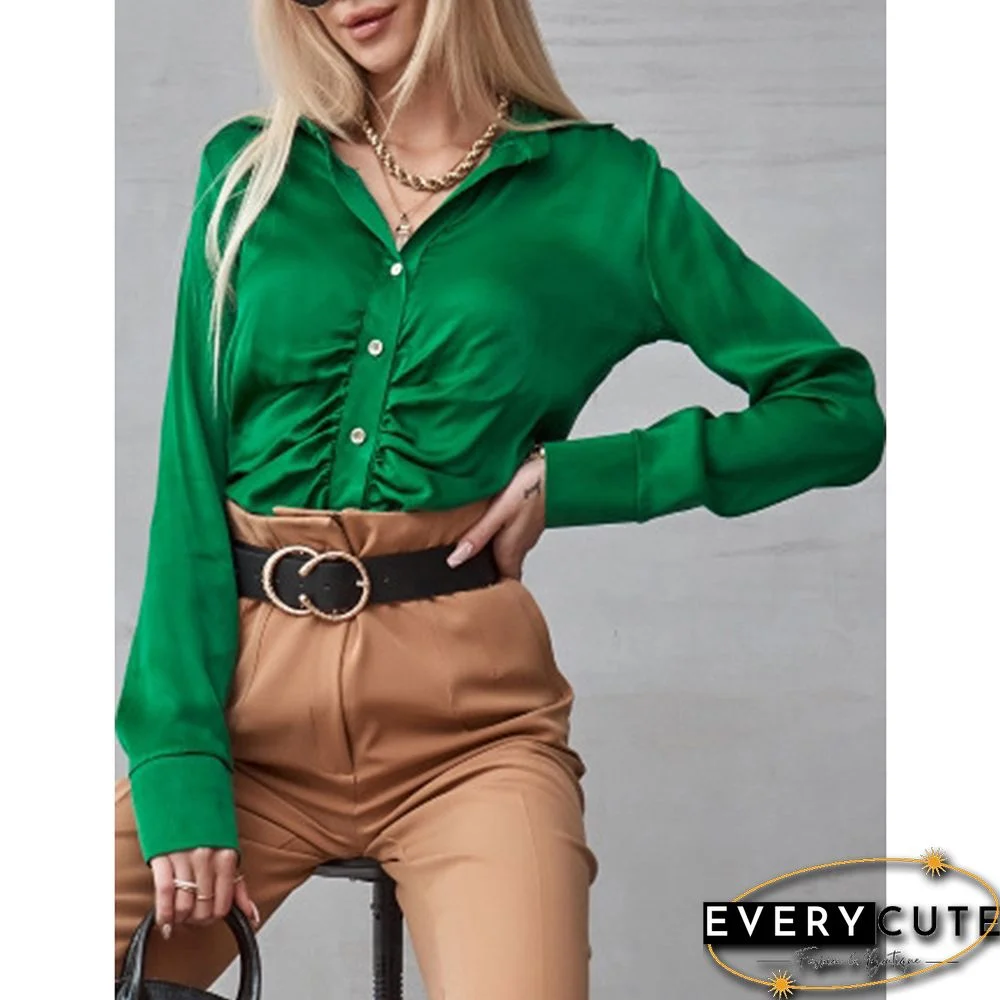 Green Pleated Button Long Sleeve Shirt