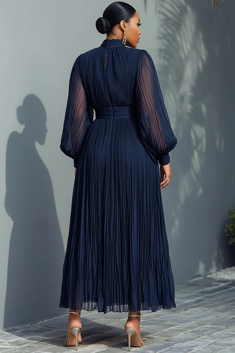 Xpluswear Design Plus Size Churchs Navy Blue Mock Neck Lantern Sleeve Long Sleeve See Through Elegant Ruffled Midi Dresses [Pre-Order]
