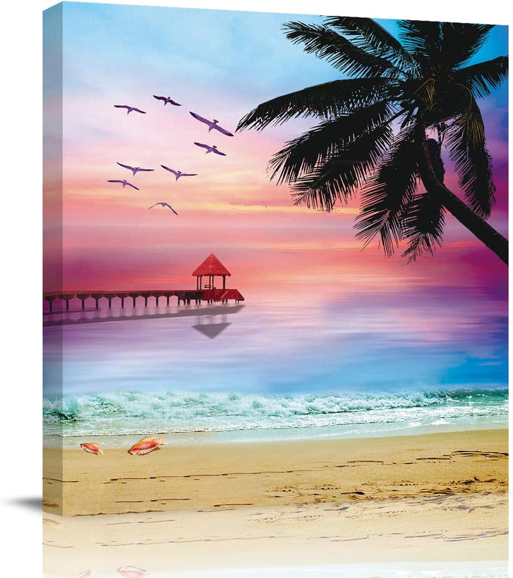 Canvas Wall Art for Living Room Dreamy Ocean Beach Beautiful Sunset Palm Tree Picture Framed Wall Decor Picture Painting Prints for Holiday Bedroom Bathroom Framhouse Office Home Decoration, 24 inch x24 inch  24 x 24 in