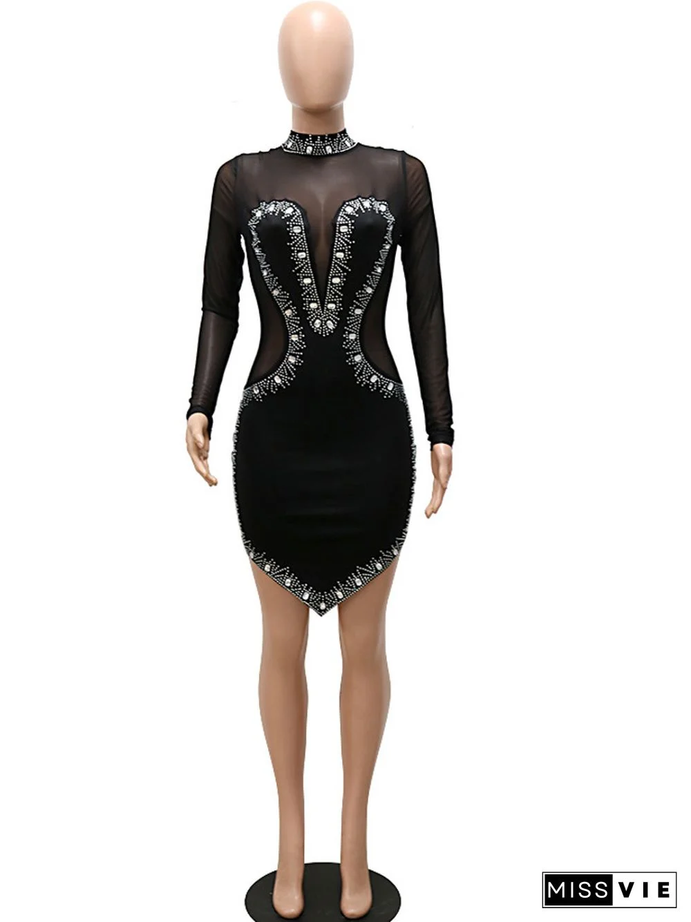 Beyprern New Chic Sheer Mesh Black Crystal Mini Dress Glam See-Through Sequins Short Party Dress Birthday Outfits Sexy Clubwear