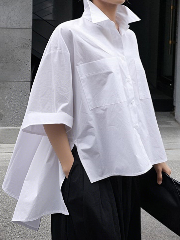 Half Sleeves Loose Buttoned Pockets Solid Color Lapel Blouses&Shirts Tops WHITE-L