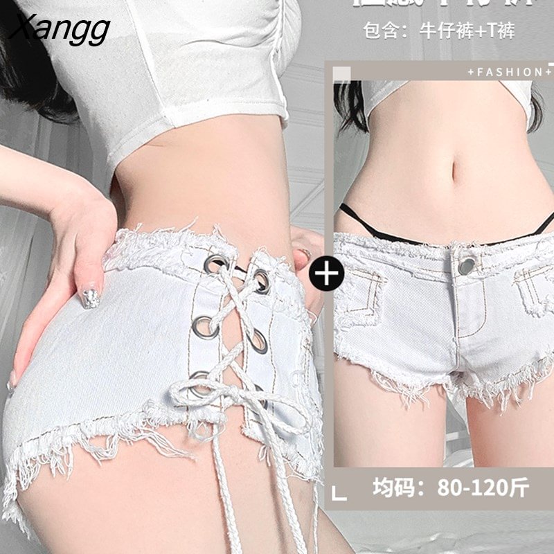 Xangg skinny slim bandage shorts hot sexy ultrashort white Denim shorts low waist fahsion korean women short 2023 ARB8