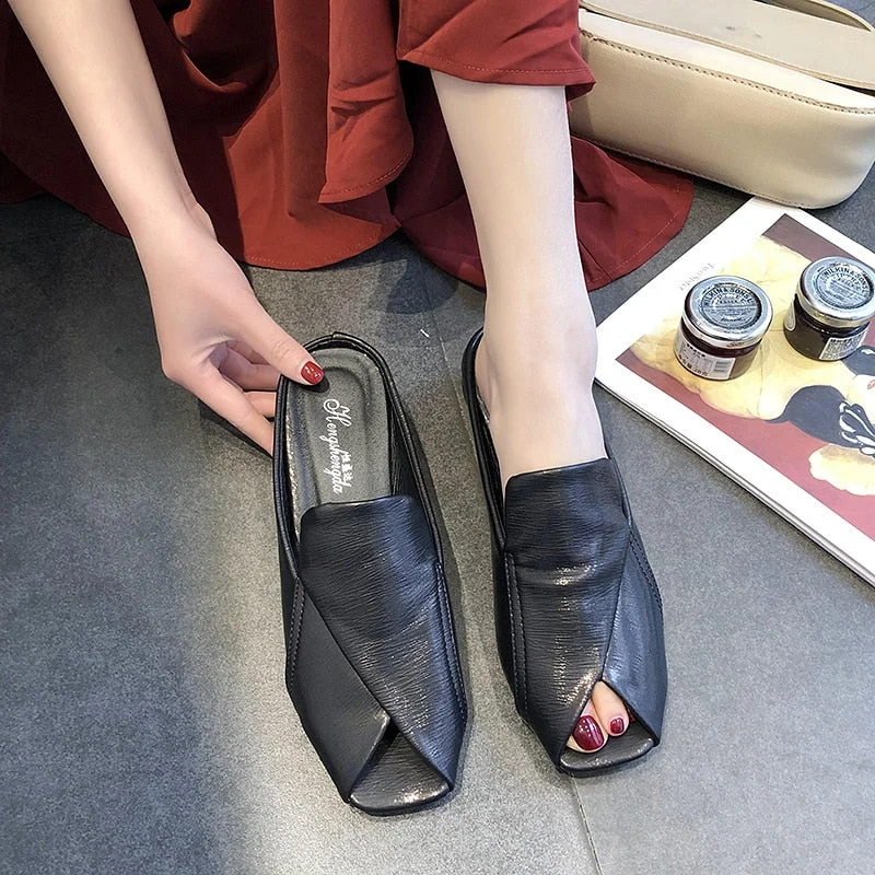 Women Slippers 2022 New Summer Fashion Peep-toe Sexy Shoes Med Heels Chunky Designer Slides PU Leather Sandals Party Flip Flops