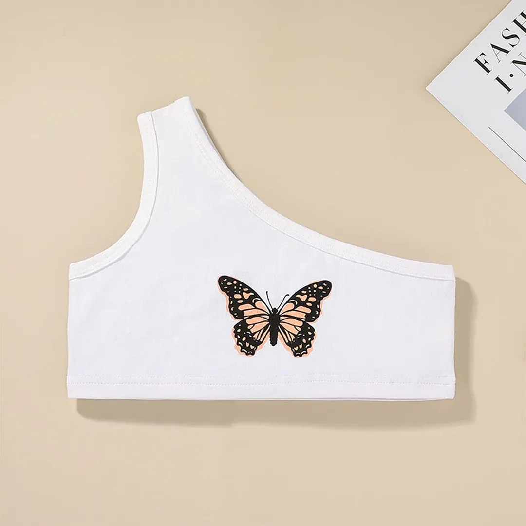 2 Pieces Kids Suit Set, Summer Butterfly Print One Shoulder Sleeveless Short Tops+ Shorts for Girls, 18 Months-6 Years