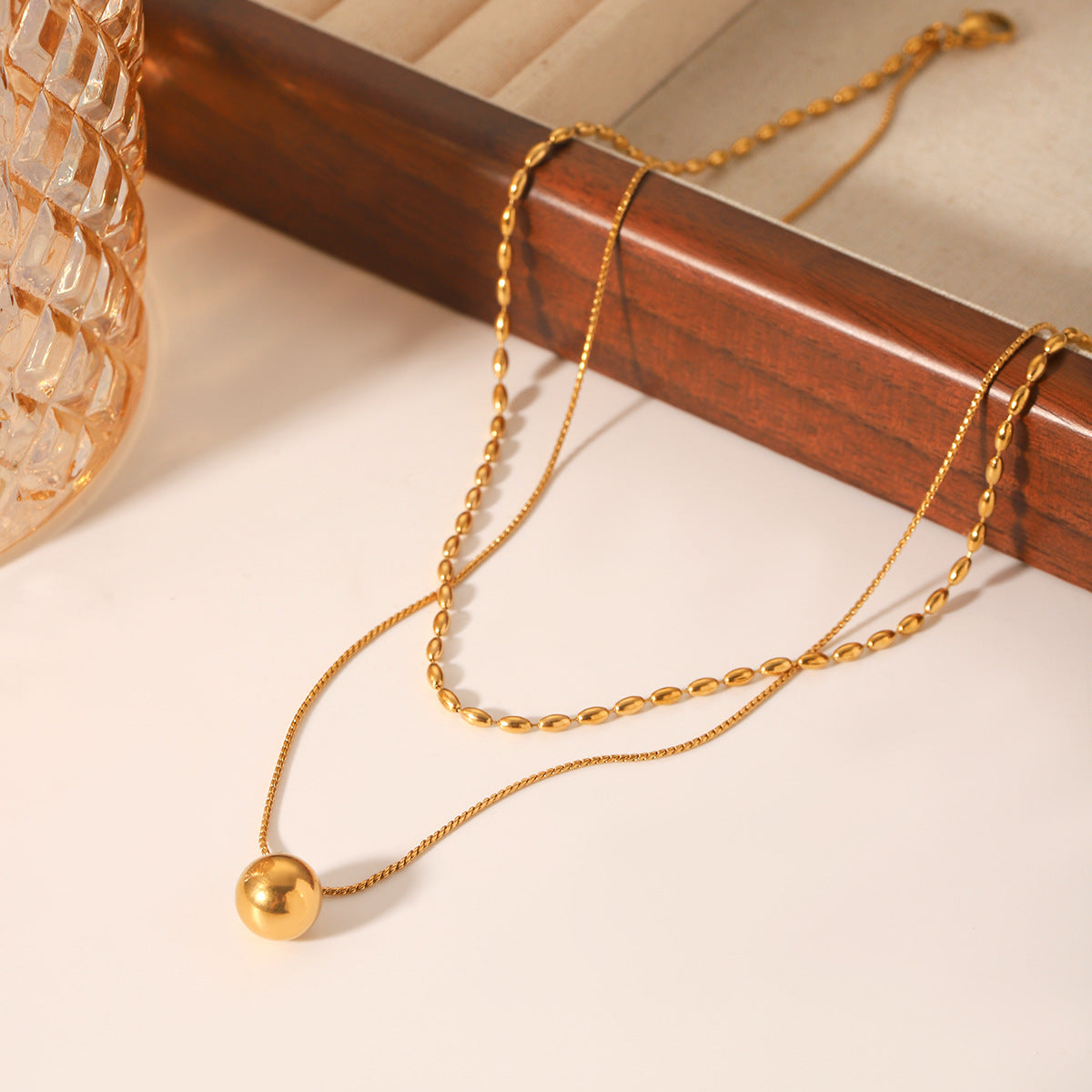 Double-Layer Stainless Steel Necklace Oval Bead Chain Twisted Chain Small Gold Ball Pendant Necklace Titanium Steel Necklace
