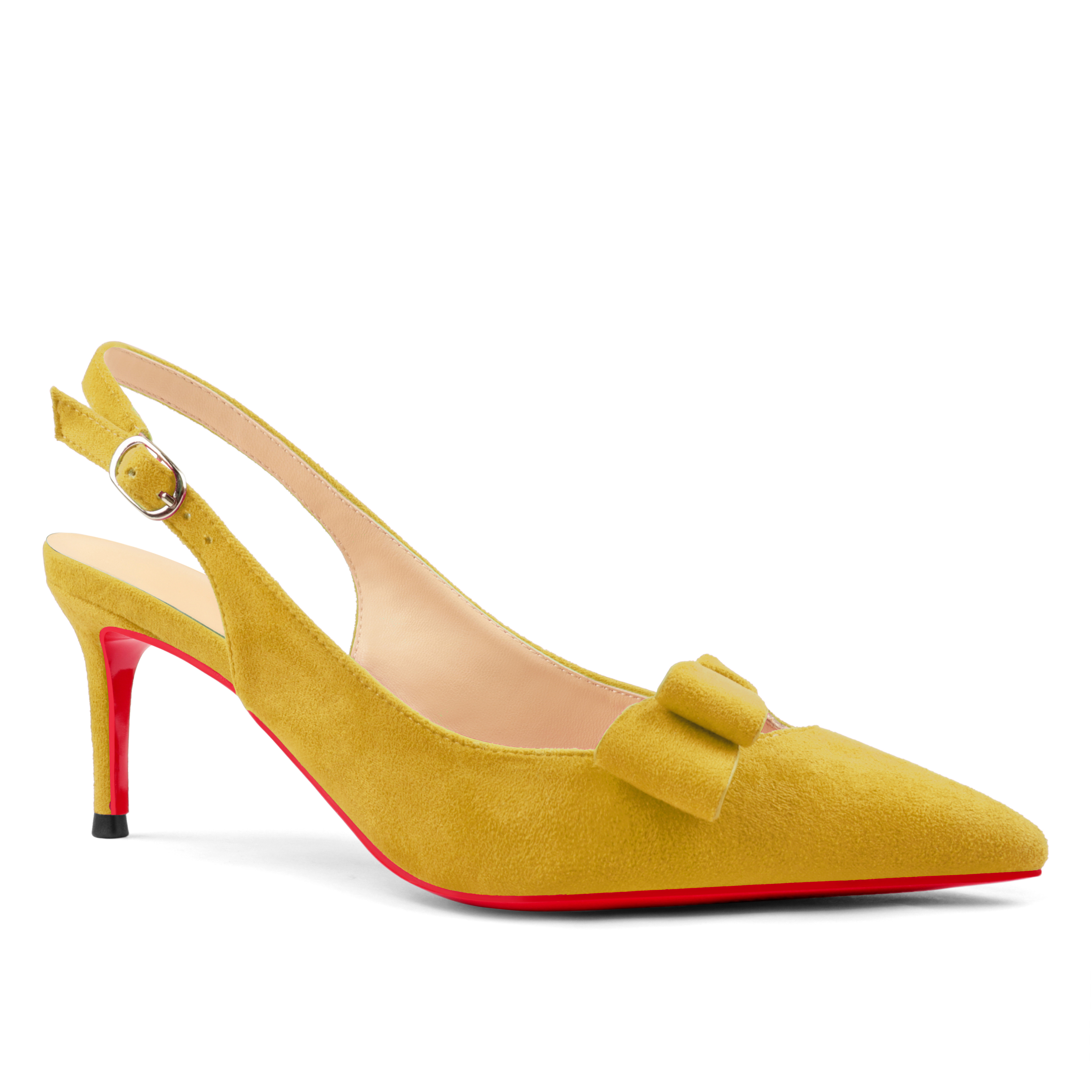 60mm Women's Pointed Toe Kitten Heels Bow-Knot Slingback Pumps Red Bottom Suede Sandals-MERUMOTE