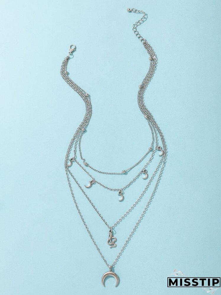 Moon & Snake Charm Layered Necklace