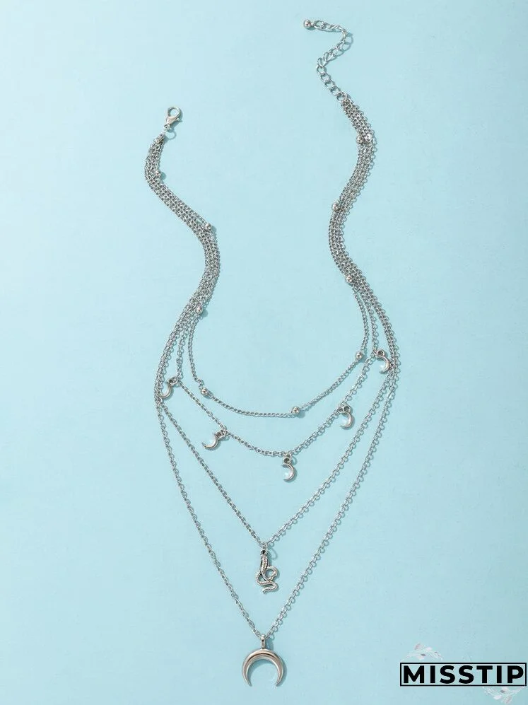 Moon & Snake Charm Layered Necklace