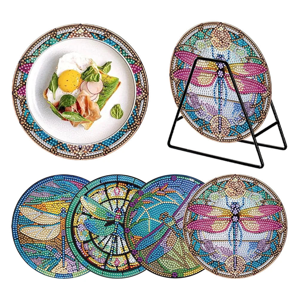 4 PCS DIY Dragonfly Wooden Diamond Painted Placemats with Holder