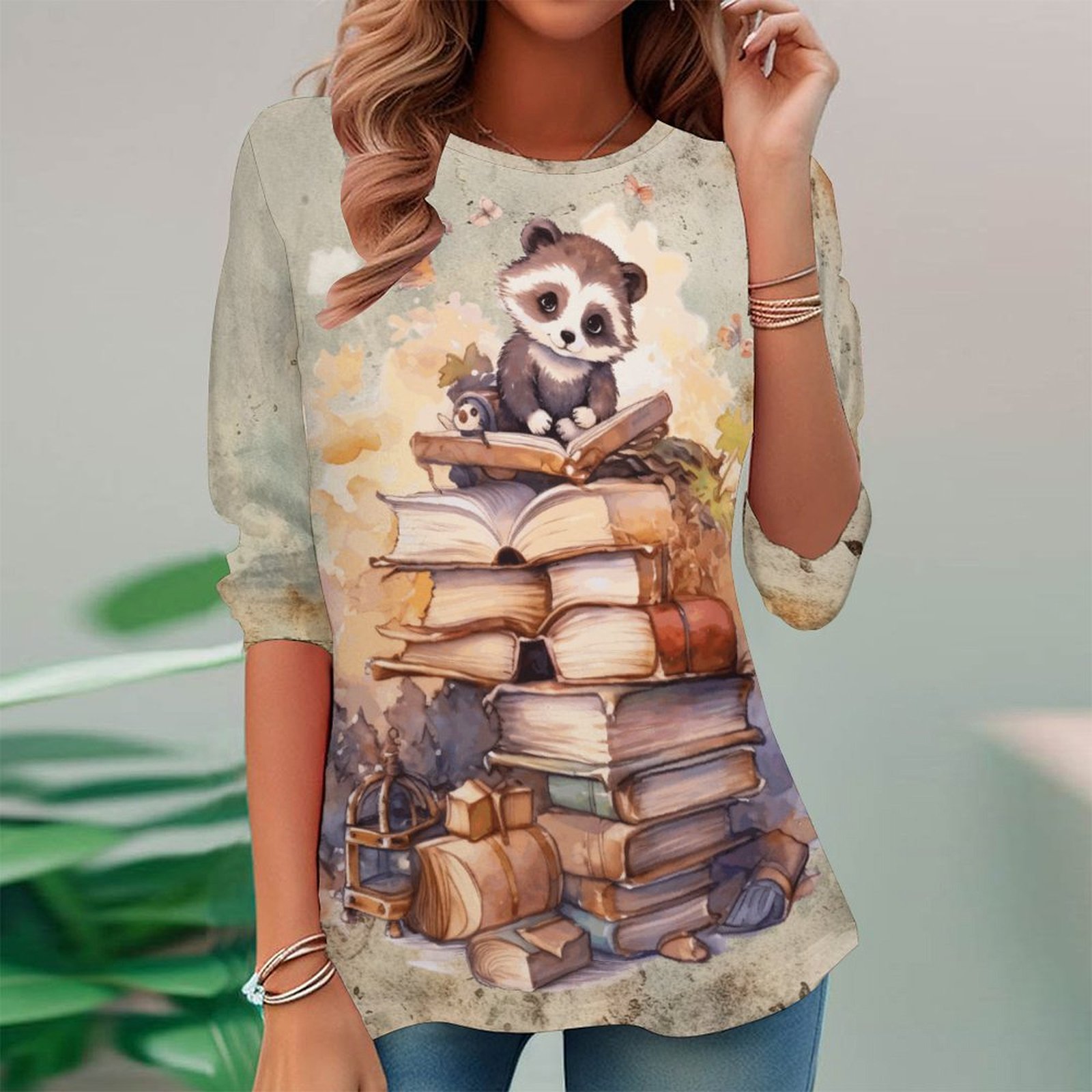 Women Long Sleeve V-neck Graphic Floral Printed Top
