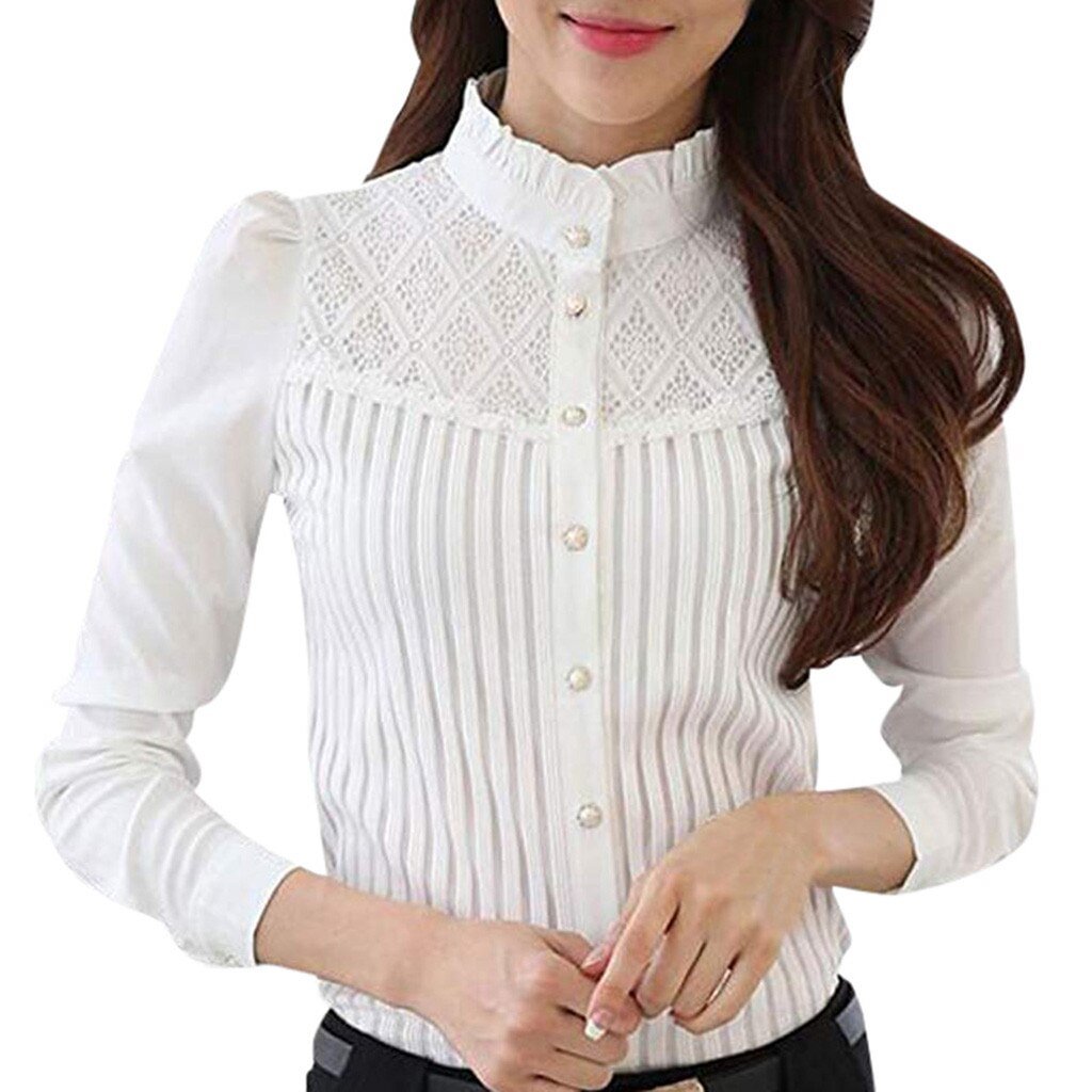 Women Vintage White Blouse Collared Pleated Chiffon Button Down Shirt Long Sleeve Lace Blouse womens tops and blouses 2020 NEW
