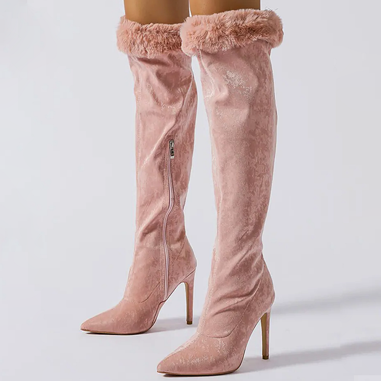 Light Pink Pointed Toe Velvet Furry Knee High Boots Stiletto Heels Vdcoo
