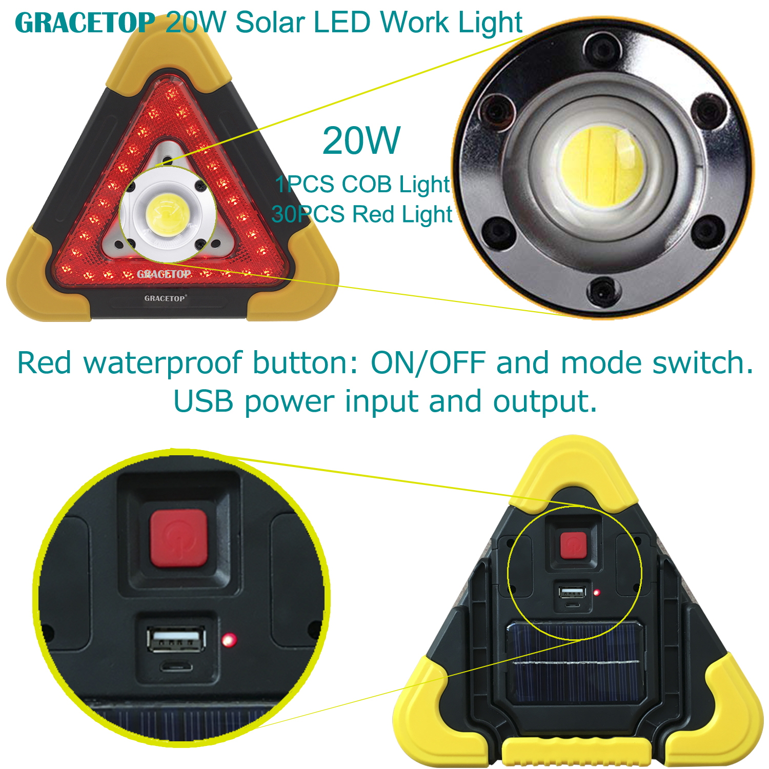 Solar LED Work Light and Road Warning Light, 20W Inspection Lamp with 5