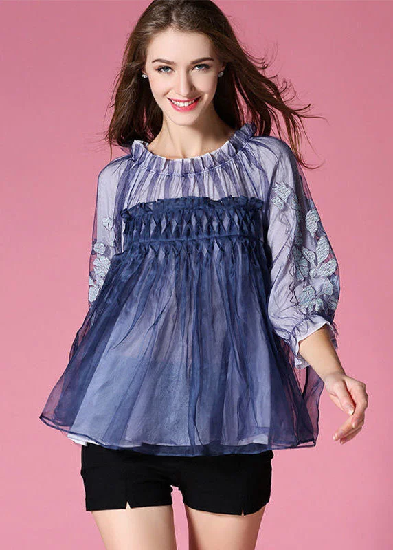 Casual Blue Embroideried Wrinkled Organza Blouses Half Sleeve