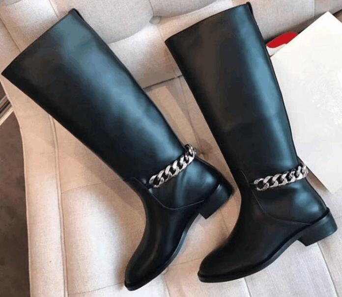 VCSHOES Black Real Leather Knee High Boots Women Round Toe Back Chain Knight Boots Woman Flat Ankle Boots Big Size 42