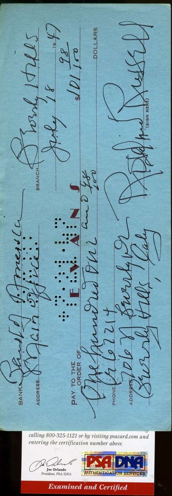 Rosalind Russell Psa/dna Hand Signed 1947 Check Authentic Autograph