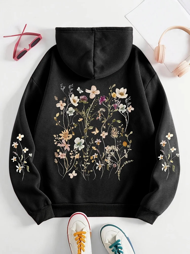 Women's Plus Size Casual Floral Print Pullover Hoodie Sweatshirt - Smooth Polyester Fabric, 250g/M², Slight Stretch | Hand Wash Only | With Pocket