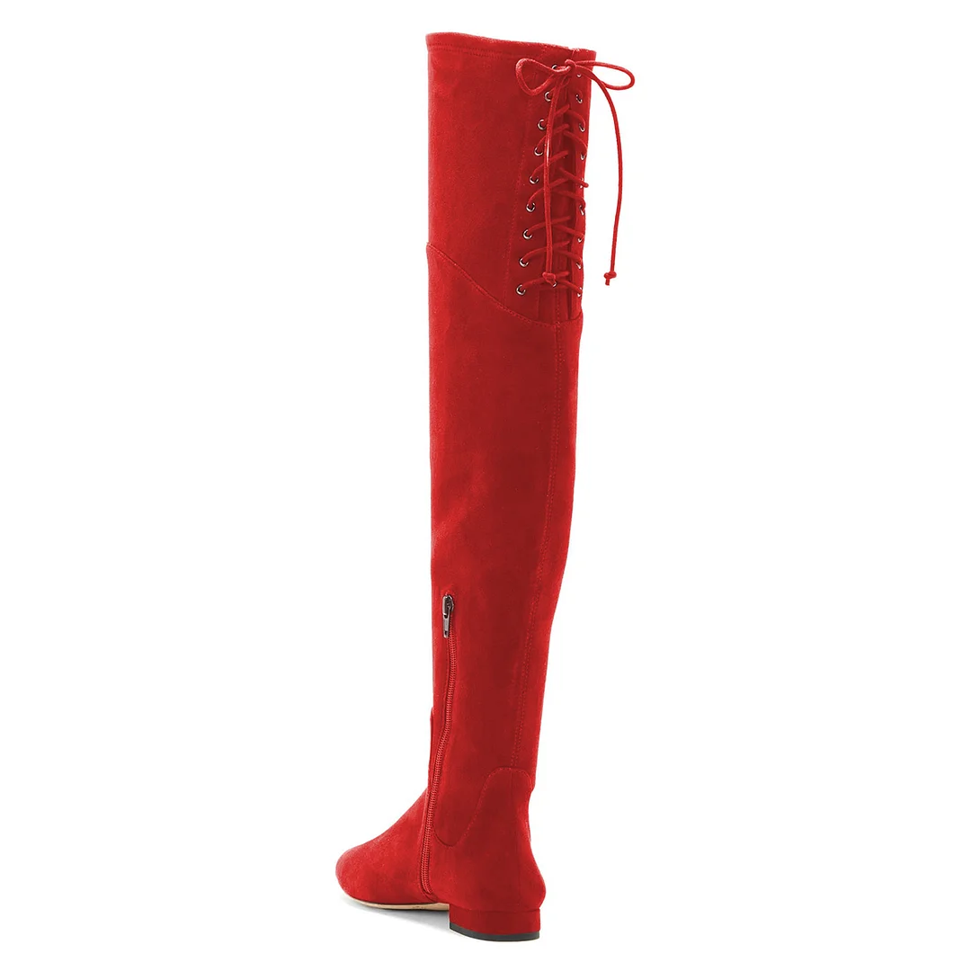 Faux Suede Side-Zip Lace-Up Low Block Heel Thigh-High Boots in Red   