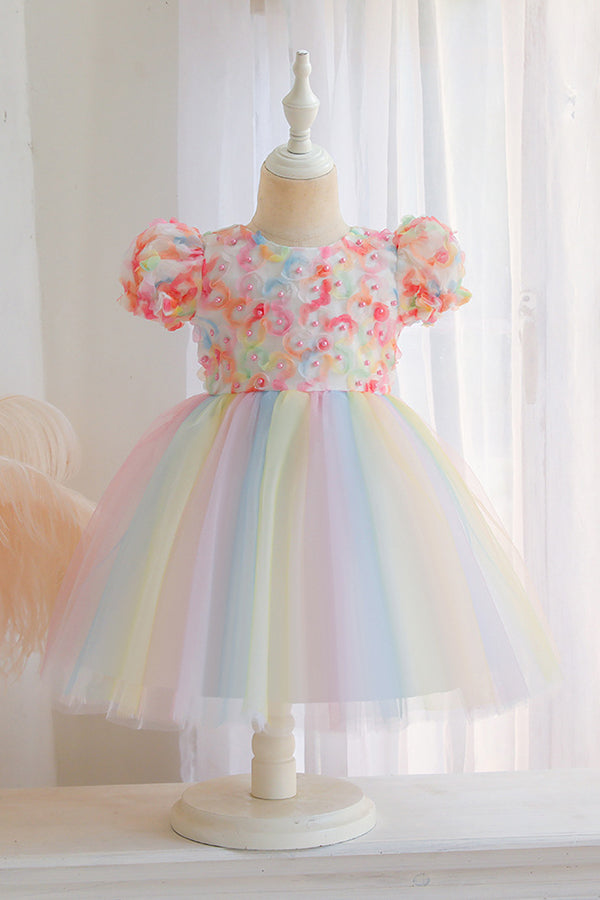 Oknass Scoop Short Sleeve Ball Gown Flower Girl Dress With Bow Appliques