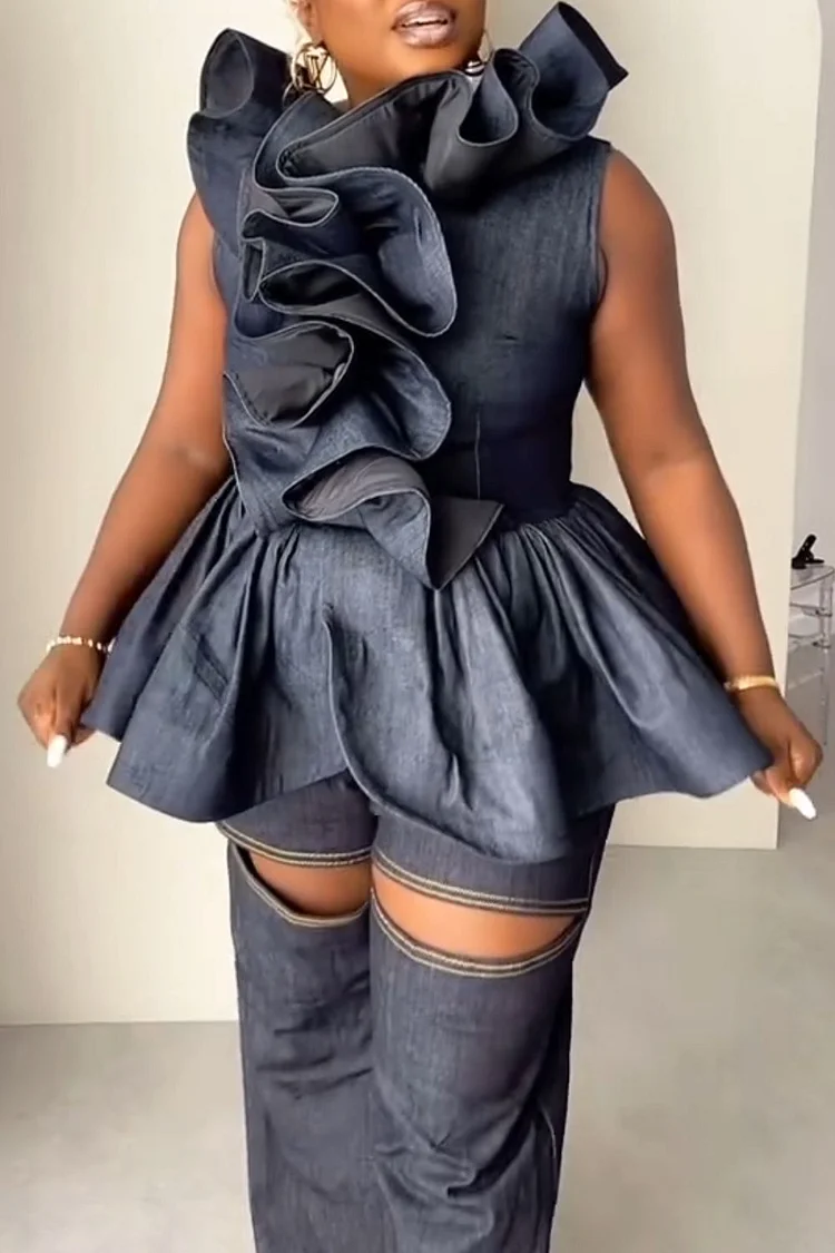 Plus Size Festival Blue Round Neck Ruffle Pleated Blouses [Pre-Order]