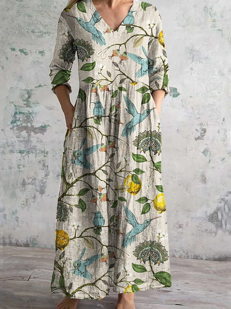 Women's V-Neck Vintage Lemon Tree & Bird Pattern Long Sleeve Dress