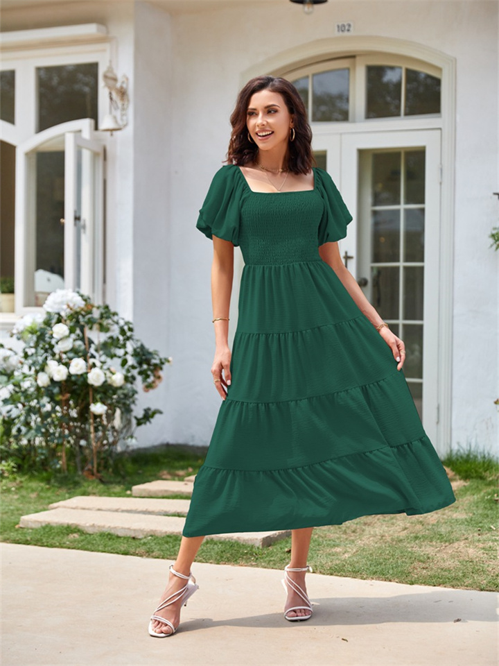 Summer Women's Square Neck Backless Bubble Sleeve Pleated Short Sleeve Dress Solid Color Midi Dresses