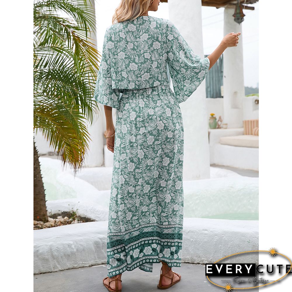 Green V Neck Bohemia Top And Split Skirt Set